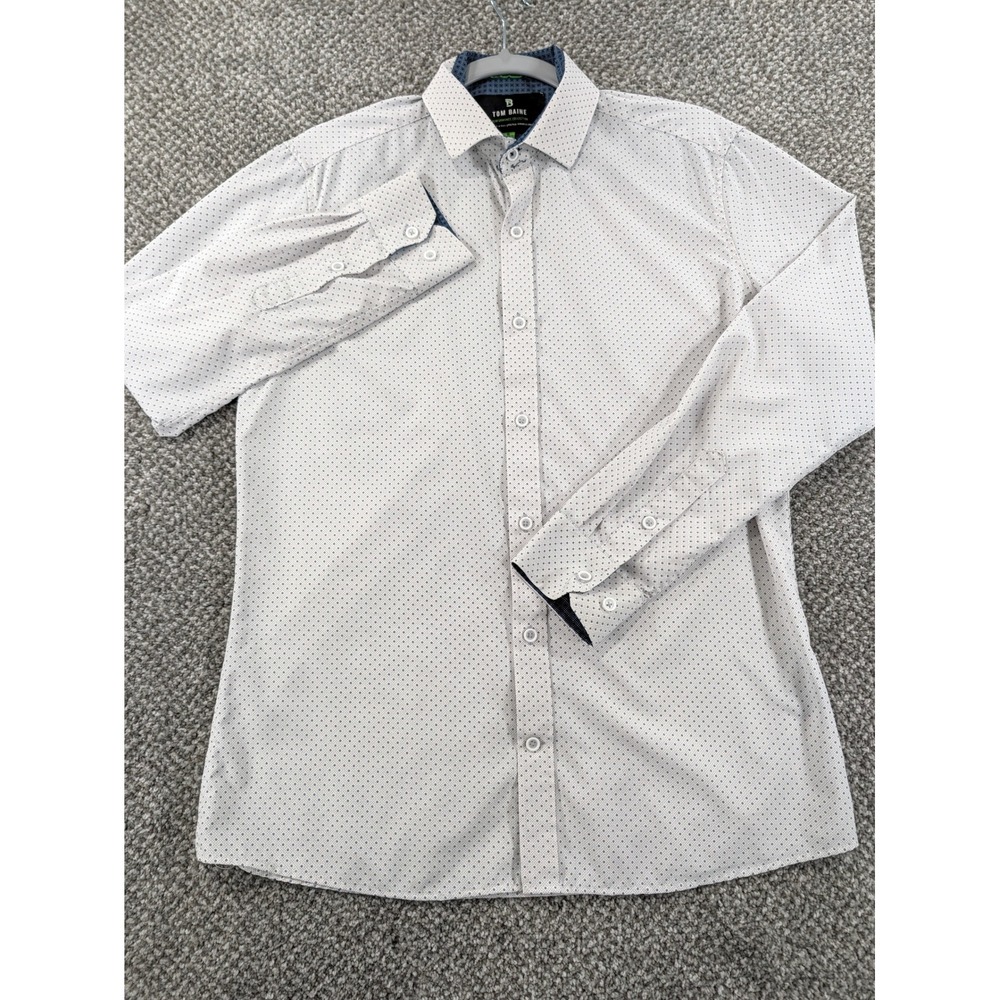 Tom Baine Performance Slim Fit Shirt Small White Blue Geometric Stretch Mens